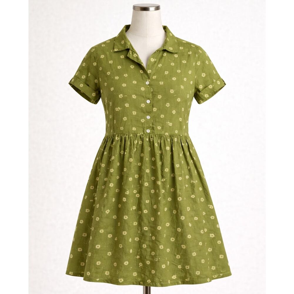 Twik Green Floral Linen Blend Button Front Dress Small